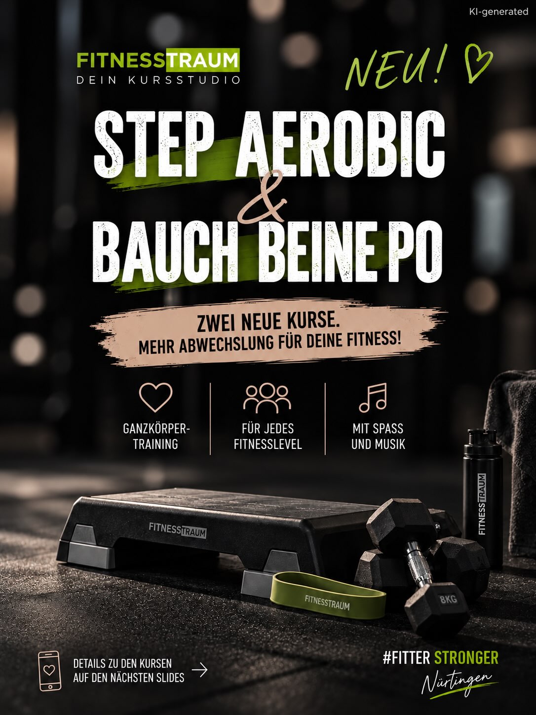 NEW NEW NEW 💚  Ab sofort wird euer Dienstag noch abwechslungsreicher! 🙌 Mit Step Aerobic und Bauch Beine Po ziehen gleich zwei neue Kurse in unseren Kursplan ei