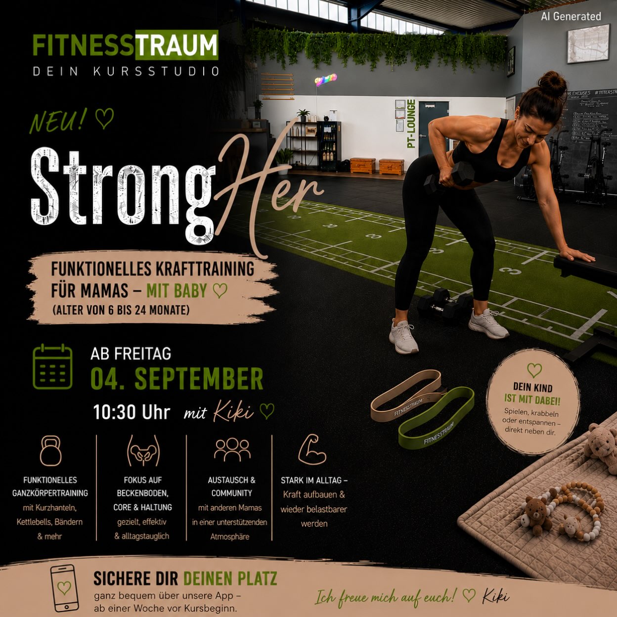 NEU im Fitnesstraum: StrongHer + Baby 🤍💪  Die Rückbildung ist abgeschlossen und du möchtest endlich wieder Kraft aufbauen, dich stabiler fühlen und etwas für di